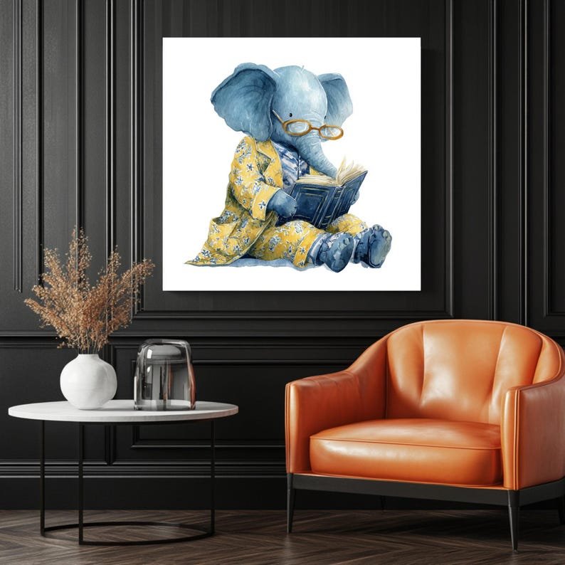 Reading Elephant Wall Art, Canvas Or Poster, Nursery Bedroom Decor, Whimsical Animal Wall Hanging, Blue Yellow Elephant Art, Kids Room Art - Image 3