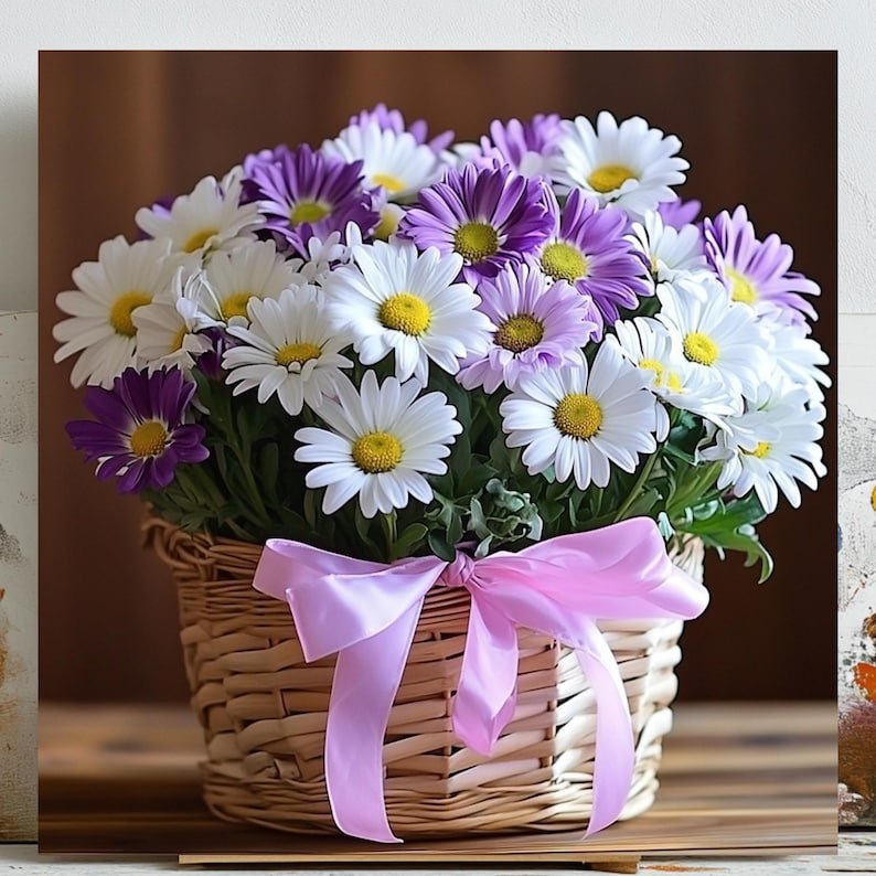 Floral Basket Wall Art: Daisy Canvas or Poster Print