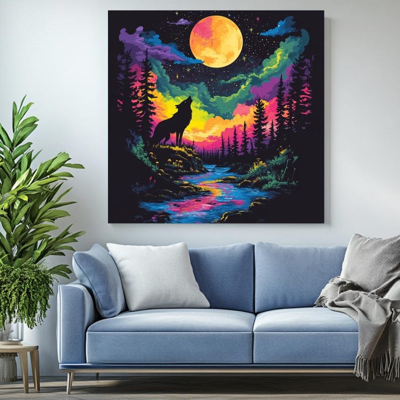 Howling Wolf Under Moon Wall Art, Canvas or Poster, Vibrant Night Sky Decor, Nature Forest Landscape, Cosmic Wall Art, Animal Painting - Image 4