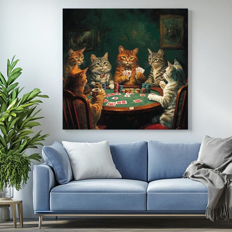 Cat Poker Art, Canvas or Poster, Whimsical Pop Art Decor, Living Room Game Room Office Wall Art, Brown Gold Multicolor Green - Image 4