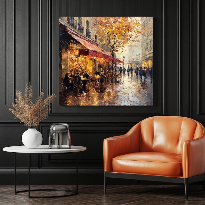Paris Café Scene Wall Art, Canvas or Poster, Romantic Rainy City Painting, Autumn Street Scene, European Café Decor, Living Room Art - Image 3