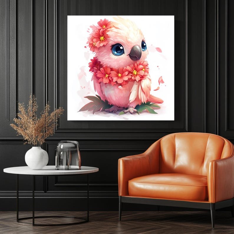 Pink Parrot Wall Art, Canvas Or Poster, Whimsical Bird Decor, Living Room Bedroom Nursery Wall Art, Floral Animal Painting, Pink Red Green - Image 3