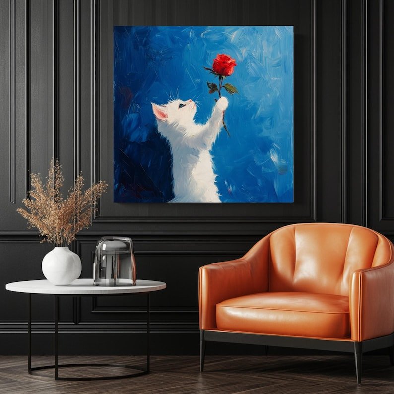 White Kitten Wall Art, Poster or Canvas, Cute Cat Print, Red Rose Art, Animal Wall Decor, Gift for Cat Lovers, Nursery Cat Art, Home Decor - Image 3