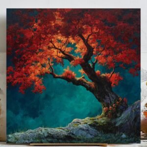 Fiery Red Tree Wall Art, Canvas Or Poster, Nature Decor, Home Decor, Living Room Decor, Bedroom Wall Art, Botanical Art, Landscape Wall Art
