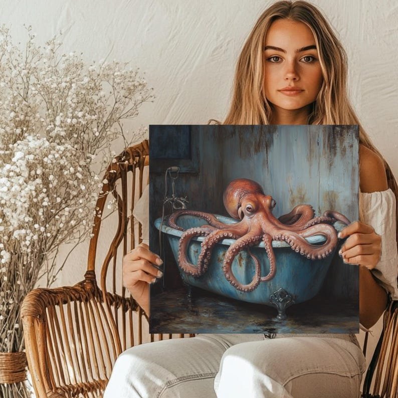 Octopus In Bathtub, Canvas Or Poster, Bathroom Wall Art, Animal Decor, Kids Decor, Nautical Nursery Art, Funny Octopus Wall Art, Home Decor - Image 5