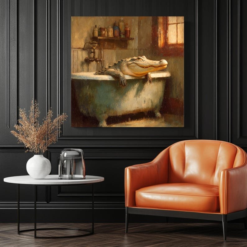 Crocodile In Bathtub, Canvas Or Poster, Bathroom Wall Art, Wildlife-Inspired Art, Contemporary Animal Art, Bathroom Wall Decor, Home Decor - Image 3