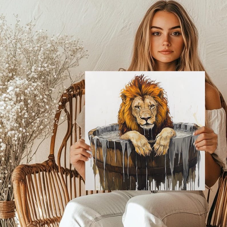 Lion in Bathtub Wall Art, Poster or Canvas, Funny Bathroom Decor,Quirky Animal Print,Whimsical Lion Poster,Playful Art for Home or Kids Room - Image 5