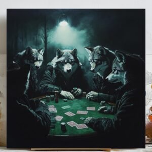 Wolf Playing Cards Wall Art, Poster Or Canvas, Animal Art, Lone Wolf Print, Game Room Art, Rustic Wolf Canvas, Card Game Poster, Home Decor