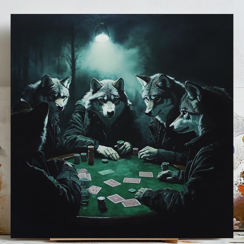Wolf Playing Cards Wall Art, Poster Or Canvas, Animal Art, Lone Wolf Print, Game Room Art, Rustic Wolf Canvas, Card Game Poster, Home Decor