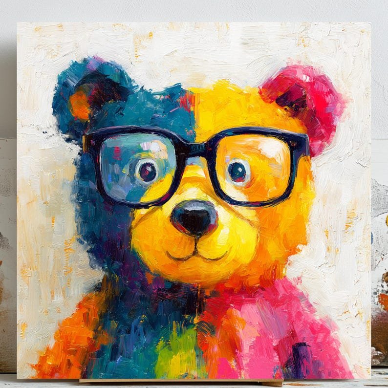 Bear Wall Art, Canvas or Poster, Colorful Animal Painting, Cute Bear with Glasses, Nursery Wall Art, Kids Room or Playroom Wall Print