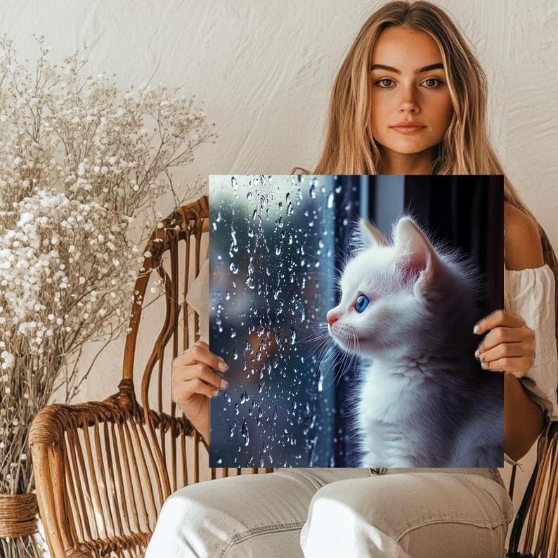 White Kitten Canvas Or Poster, Cat Wall Decor, Home Decor, Living Room Decor, Bedroom Decor, Rainy Day Poster,Rain Window Scene,Blue Eye Cat - Image 5