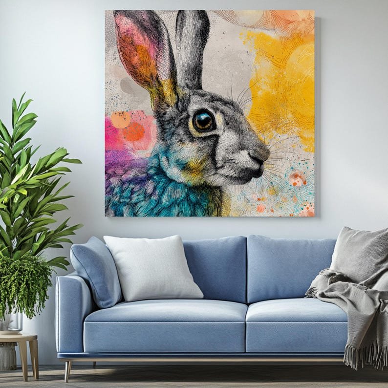Colorful Rabbit Wall Art, Canvas or Poster, Nursery Room Decor, Modern Animal Painting, Whimsical Wildlife, Kids Room Wall Decor Art - Image 3