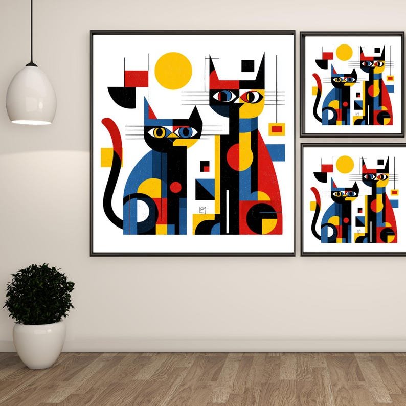 Geometric Cat Wall Art, Canvas Or Poster, Mid Century Modern Decor, Bauhaus Animal Art, Colorful Feline Print, Unique Living Room Wall Decor - Image 2