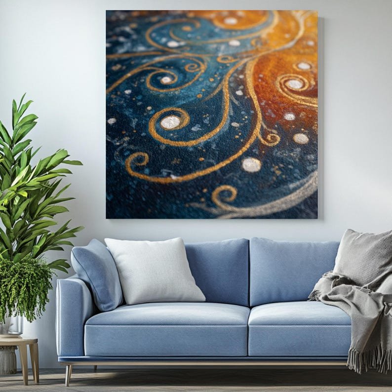 Blue and Gold Abstract Swirl Canvas Or Poster, Modern Boho Aesthetic Wall Art for Living Room or Bedroom, Elegant Contemporary Home Decor - Image 4