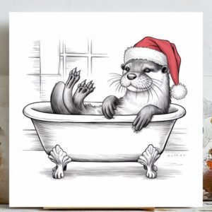Otter in Bathtub Art, Canvas or Poster, Funny Animal Bathroom Decor, Christmas Wall Art, Santa Hat Otter, Whimsical Holiday Print