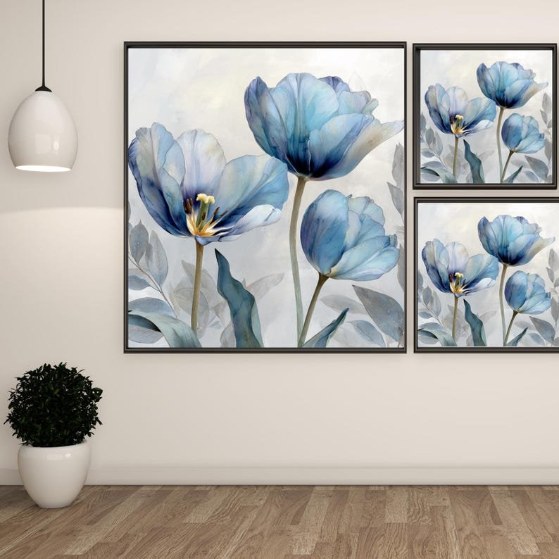 Blue Tulip Flower Wall Art, Canvas Or Poster, Modern Floral Painting, Minimalist Botanical Decor, Elegant Bedroom Living Room Wall Artwork - Image 2