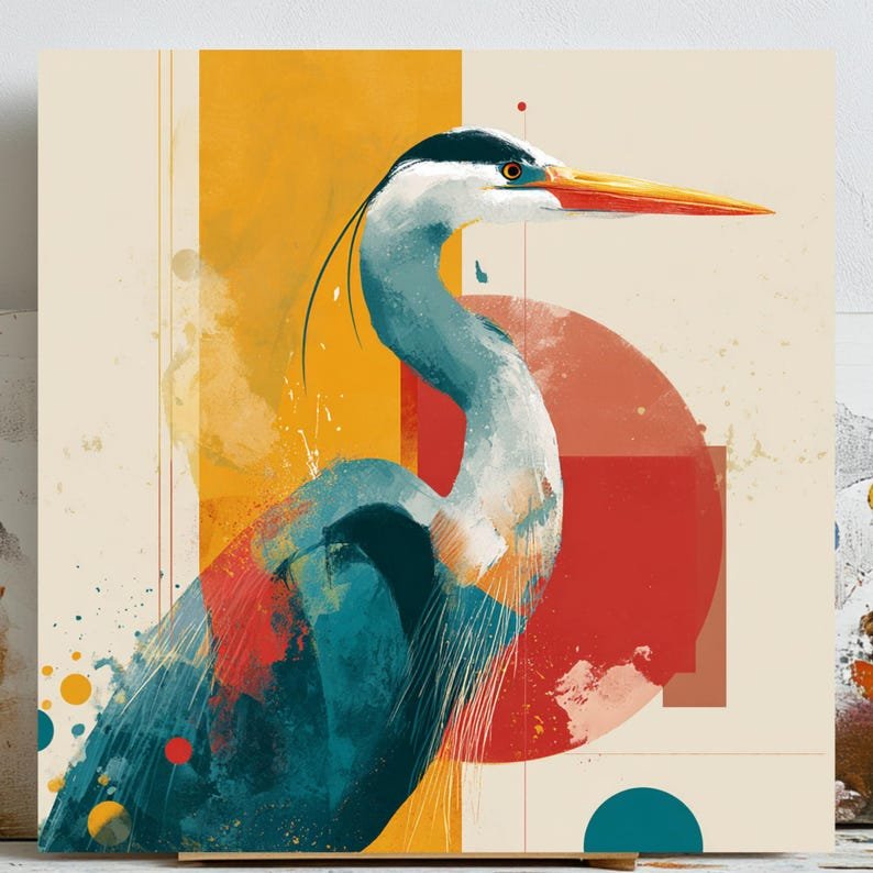 Blue Heron Wall Art, Giclee Print, Living Room Decor, Mid Century Modern Art, Boho Bird Decor, Coastal Home Gift, Wildlife Nature Art