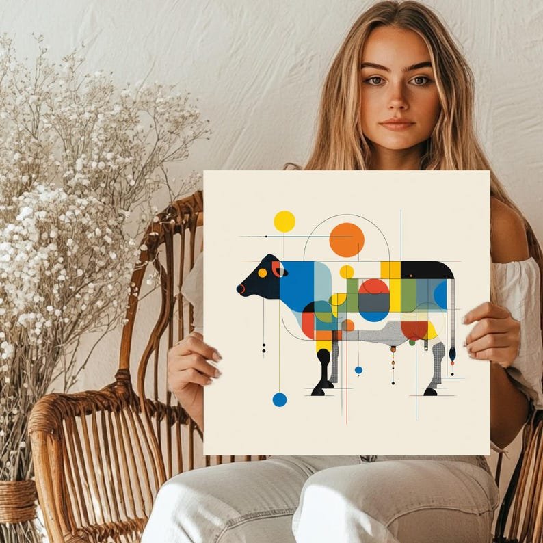 Abstract Geometric Cow Wall Art, Canvas Or Poster, Bauhaus Animal Decor, Modern Farmhouse Decor, Unique Living Room Art, Gift for Cow Lover - Image 4