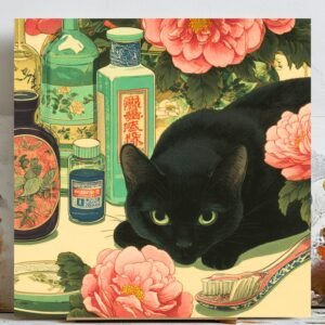 Floral Black Cat Wall Art, Canvas or Poster, Botanical Animal Wall Decor, Home Office Wall Art, Bathroom Decor, Perfect Gift Idea,Home Decor