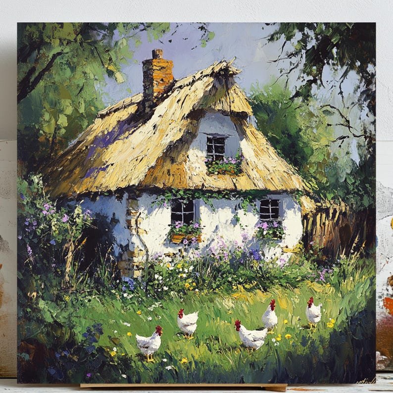 Chicken and Flower Wall Art, Poster or Canvas, Thatch Roof House Decor, Farmhouse Art, Rural Home Decor, Rustic Wall Accent, Minimalist Art