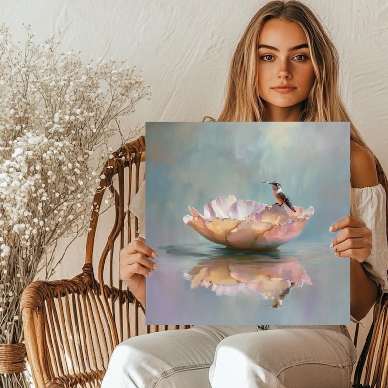Hummingbird Wall Art, Canvas or Poster, Floral Bird Painting, Pastel Home Decor, Impressionist Nature Art, Soft Pink Flower, Zen Wall Decor - Image 5