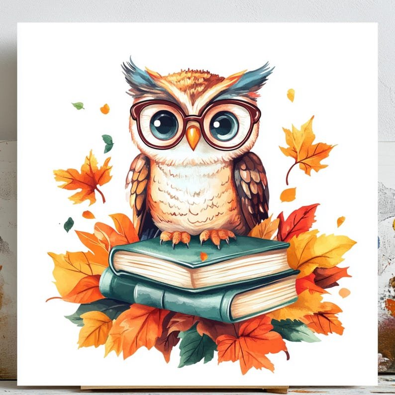 Cute Owl Reading Books, Canvas Or Poster, Kids Room Wall Art, Nursery Decor, Autumn Wall Hanging, Book Lover Gift, Framed Canvas Wall Art