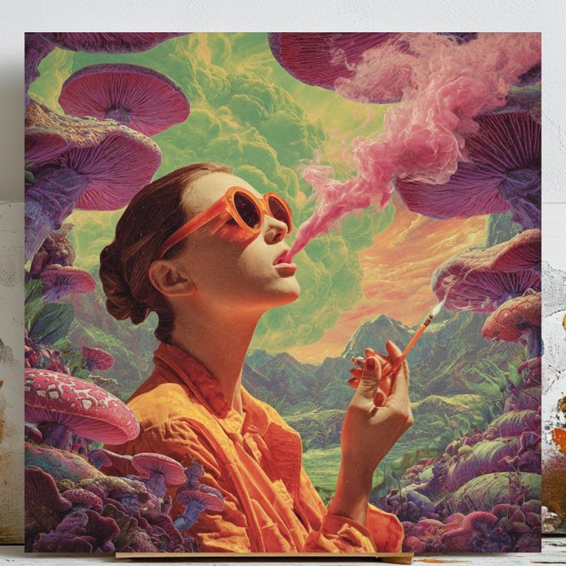Surreal Woman Smoking Art, Canvas or Poster, Psychedelic Wall Decor, Retro Abstract Artwork, Modern Home Decoration, Living Room Bedroom Art