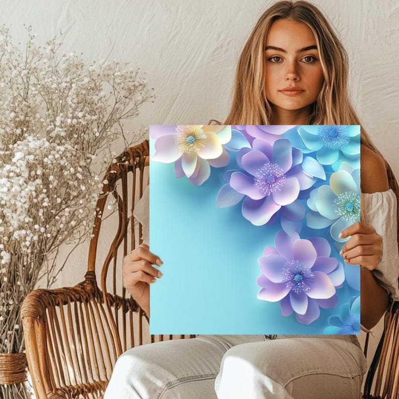 Pastel Flower Art, Poster Or Canvas, 3D Floral Wallpaper, Soft Blue Flower Background, Purple Flower Print, Pastel Wall Decor, Wall Art Gift - Image 5