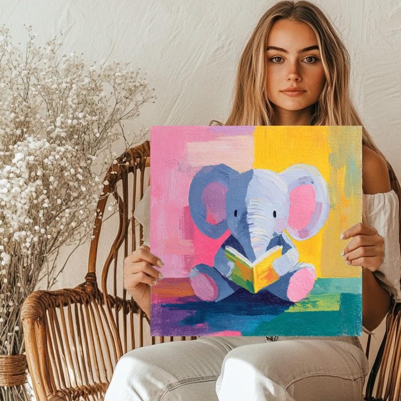 Elephant Reading Book Wall Art, Canvas Or Poster, Nursery Wall Decor, Kids Room Art, Colorful Animal Painting, Whimsical Library Art, Gift - Image 4