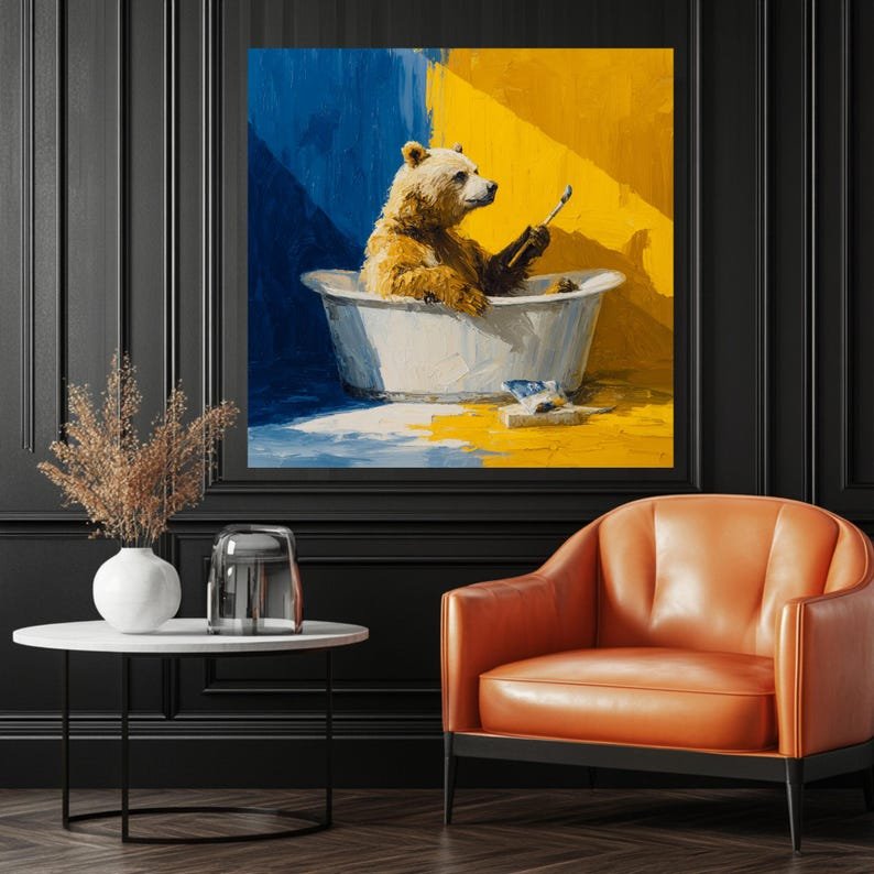 Bear in Bathtub Painting Canvas or Poster, Funny Animal Bathroom Wall Art, Whimsical Artist Bear Decor, Blue and Yellow Impasto Style Art - Image 4