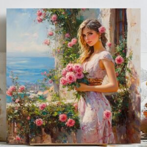 Romantic Woman Wall Art, Floral Wall Art Print, Mediterranean Style Decor, Elegant Woman Painting, Digital Download, Boho Home Decor