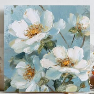 White Flower Wall Art, Canvas Or Poster, Impasto Floral Oil Painting, Blue and White Room Decor, Shabby Chic Decor, Modern Cottagecore Art