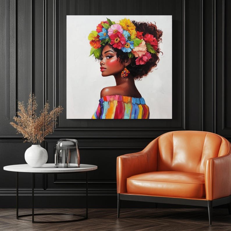 Black Woman With Flowers, Canvas Or Poster, Wall Decor, Portrait Decor, Living Room Decor, Bedroom Art, Floral Wall Hanging, Feminine Art - Image 3