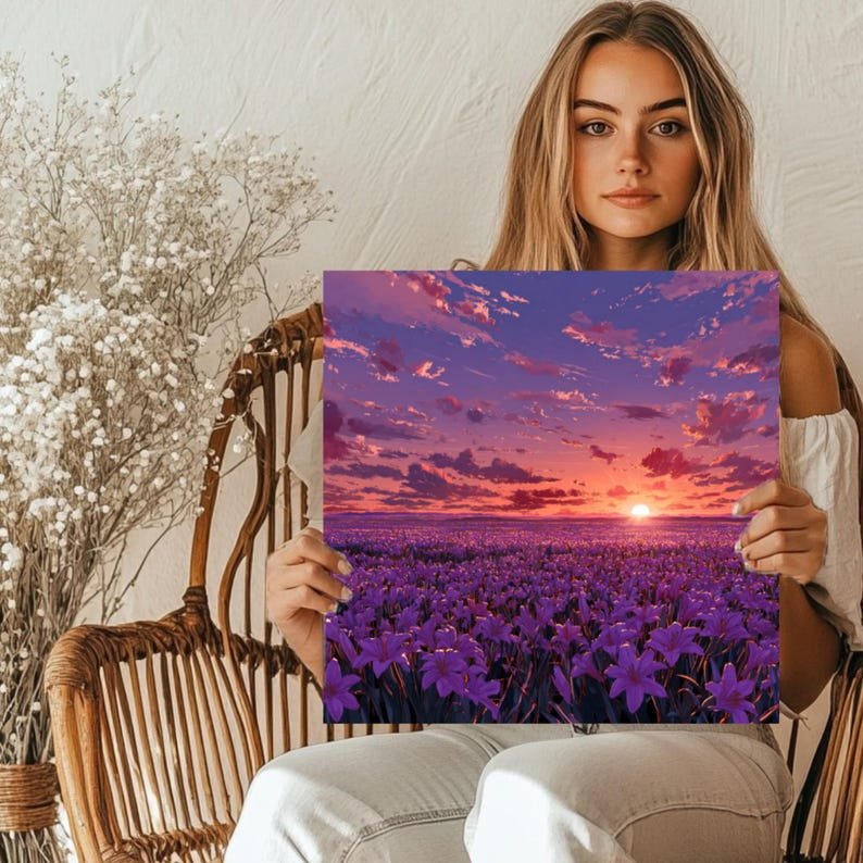 Purple Sunset Field Wall Art, Canvas or Poster, Lavender Flower Landscape Painting, Living Room Bedroom Wall Decor, Tranquil Home Art - Image 5