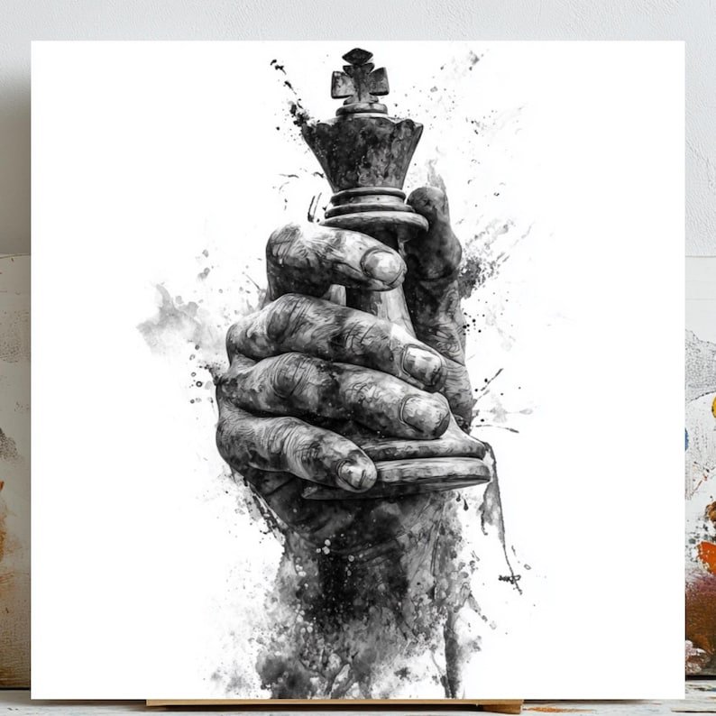 Chess Pieces Art, Canvas or Poster, Modern Minimalist Decor, Living Room Office Game Room Wall Art, Black White Brown Beige Accent