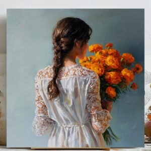 Girl With Marigold Flowers Wall Art, Canvas or Poster, Feminine Floral Decor, Living Room Bedroom Entryway Wall Art, Romantic Flower Art