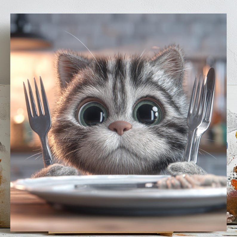Cute Hungry Cat Wall Art, Canvas Or Poster, Nursery Decor, Kids Room Art, Kitchen Wall Decor, Home Decor, Whimsical Animal Art, Wall Hanging