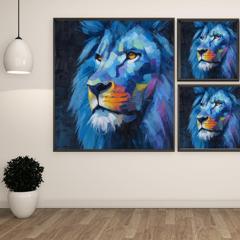 Abstract Blue Lion Painting, Canvas or Poster, Colorful Wildlife Decor, Modern Animal Art, Living Room Office Bedroom Wall Decor, Indigo Art - Image 2