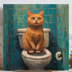 Cat On Toilet Wall Art, Canvas Or Poster, Modern Wall Art, Animal Decor, Bathroom Decor, Living Room Decor, Funny Cat Wall Hanging, Cat Art