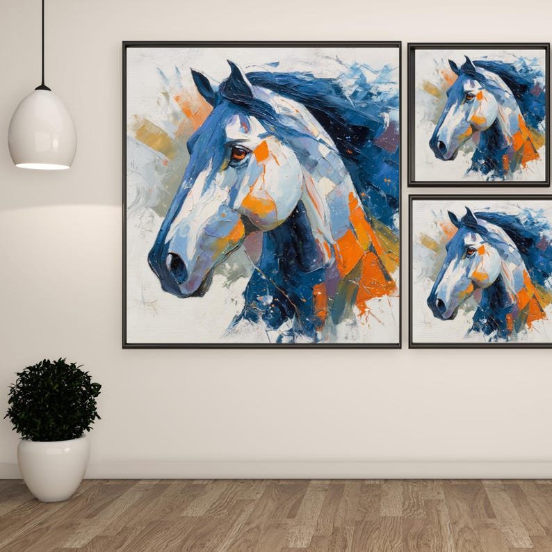 Abstract Horse Wall Art, Canvas or Poster, Modern Equestrian Decor, Blue Orange Horse Painting, Living Room Wall Decor,Horse Lover Gift Idea - Image 2