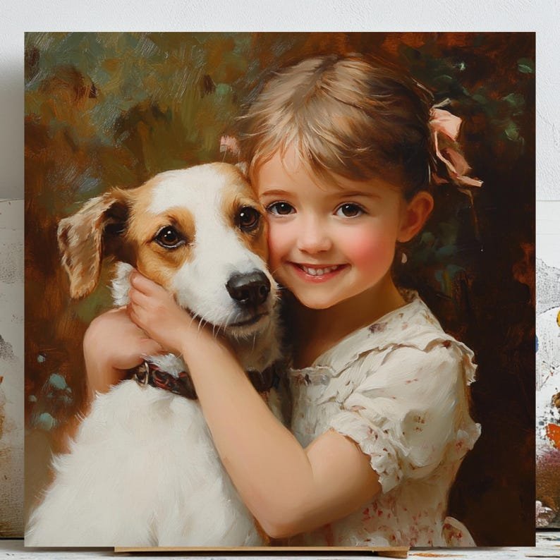 Child With Dog Wall Art, Canvas or Poster, Sweet Childhood Portrait, Nursery Wall Art, Kids Room Decor, Family Memory Artwork,Pet Lover Gift