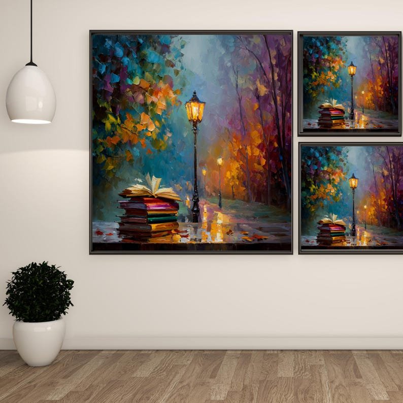 Books and Lamp Post Painting, Canvas or Poster, Autumn Reading, Autumn Street Scene Decor, Library Study Room Wall Hanging,Home Art For Gift - Image 2