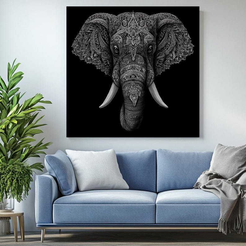 Mandala Elephant Wall Art, Canvas or Poster, Intricate Boho Decor, Spiritual Animal Art for Living Room Bedroom, Black & White Home Decor - Image 4