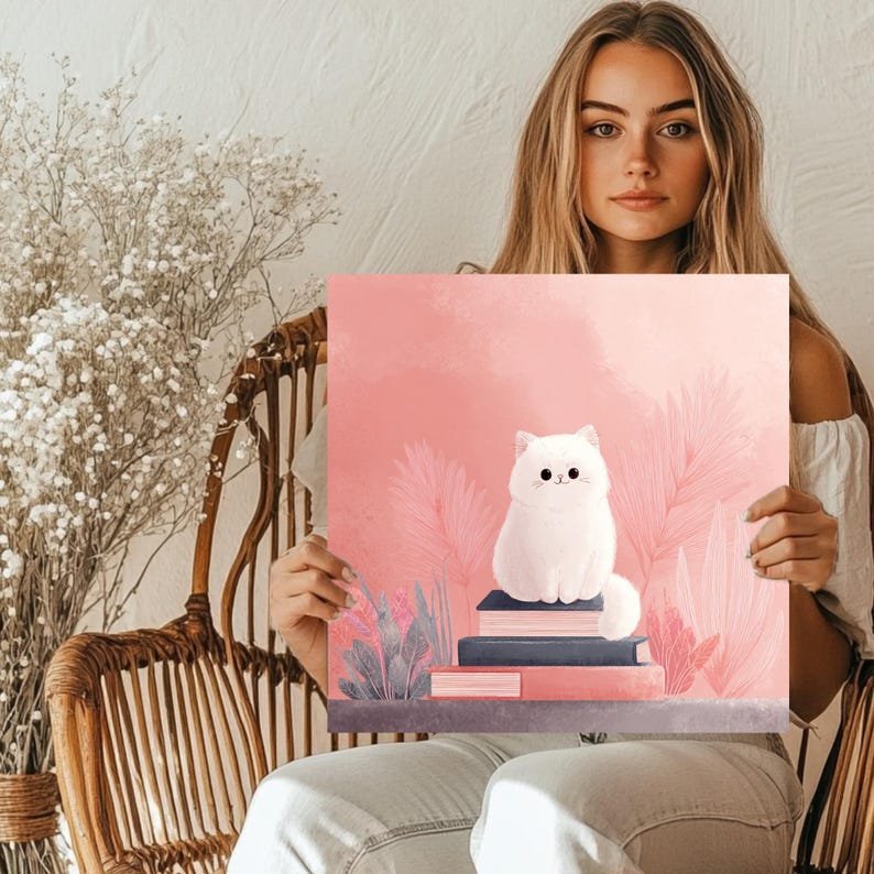 Cute White Cat Reading Artwork, Canvas Or Poster, Nursery Wall Decor, Kids Study Room Art, Whimsical Animal Illustration, Pink Home Decor - Image 5