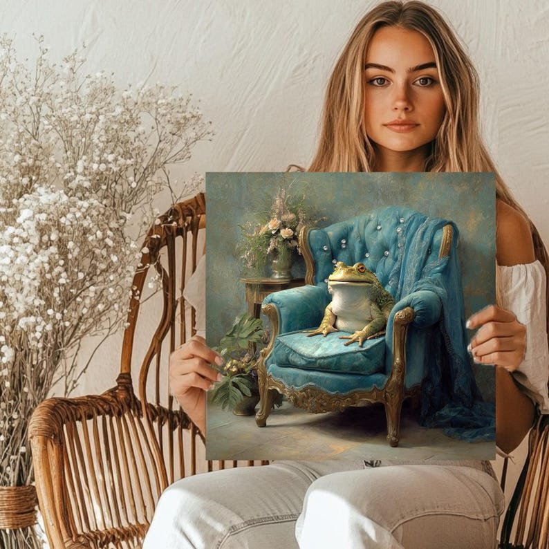 Royal Frog on Blue Chair Art, Canvas or Poster, Whimsical Glam Decor, Living Room Bedroom Office Wall Art, Green Blue Gold Tones, Frog Print - Image 5