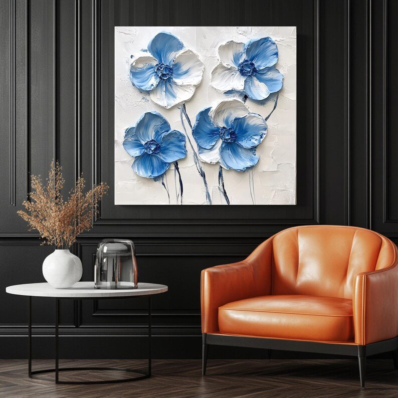 Blue and White Flower Wall Art, Canvas or Poster, Modern Floral Decor, Minimalist Wall Art, Elegant Home Wall Hanging, Contemporary Wall Art - Image 3