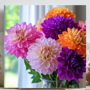Colorful Dahlia Bouquet Art Print: Floral Vase Poster, Framed Home Decor