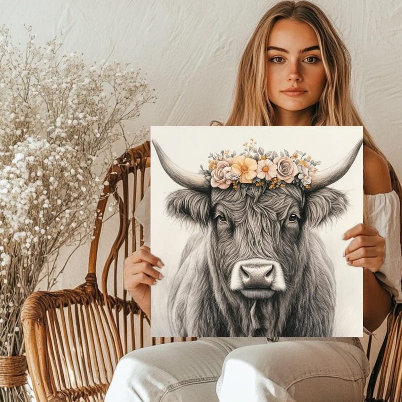 Highland Cow With Flower Crown, Canvas or Poster, Farmhouse Wall Art, Rustic Country Decor, Animal Wall Hanging, Living Room Wall Art - Image 5