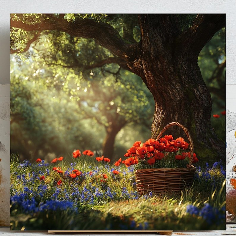 Poppy Flower Basket Print: Rustic Woodland Wall Art