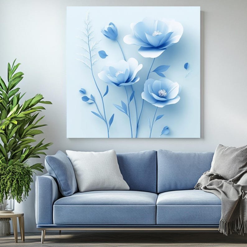 Blue Floral Wall Art, Botanical Print, Flower Decor, Floral Canvas, Digital Download, Blue Flower Poster, Modern Floral Wall Art, Home Decor - Image 4